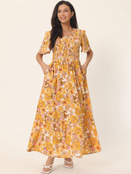 Allegra K - Summer Floral Smocked Flowy Maxi Dress