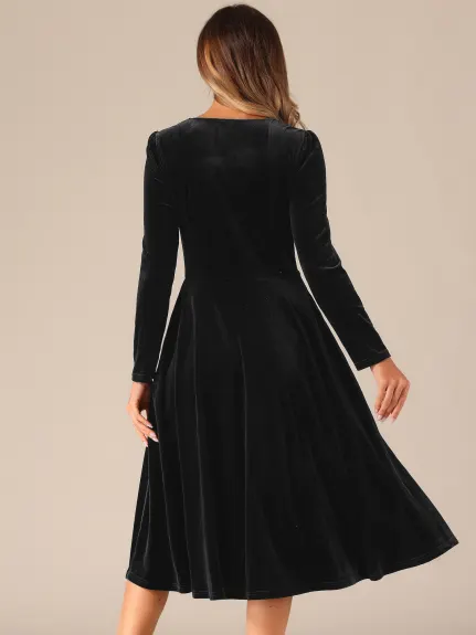 Allegra K - Square Neck Velvet Puff Sleeve Dress