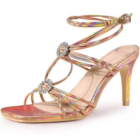 Allegra K - Rhinestone Square Toe Strappy Heeled Sandals