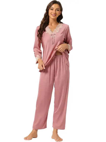 Allegra K - Lace Trim Solid Pajama Sets