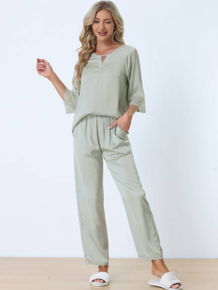 cheibear - Lace 3/4 Sleeves Lounge with Pants Pajama Set