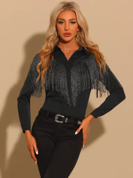 Allegra K - Long Sleeve Fringe Party Shirt