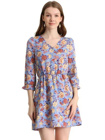 Allegra K- Floral Half Placket Belted 3/4 Sleeve Dress