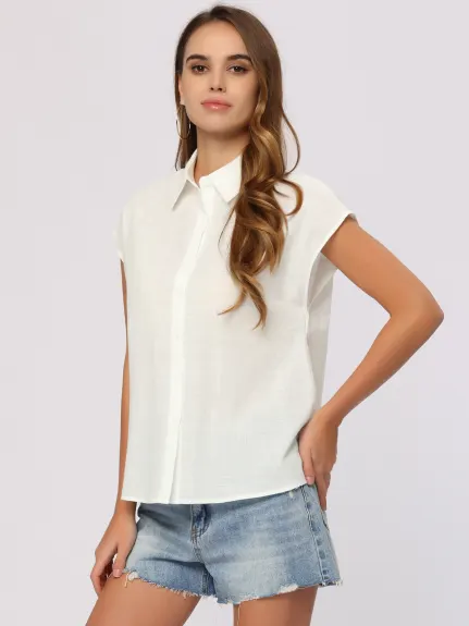 Allegra K- Linen Button Down Cap Sleeve Blouse