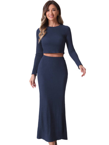 Allegra K - Long Sleeve Knit Crop Top Maxi Skirt Set