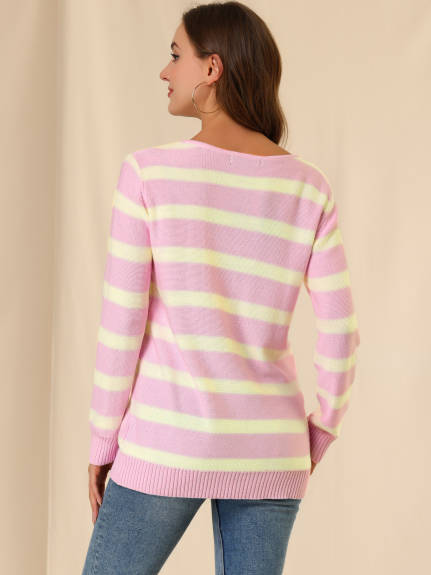 Allegra K- Round Neck Drop Shoulder Loose Striped Tunic Sweater