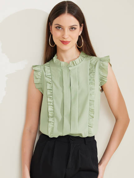 Allegra K - Ruffle Mock Neck Sleeveless Pleated Blouse