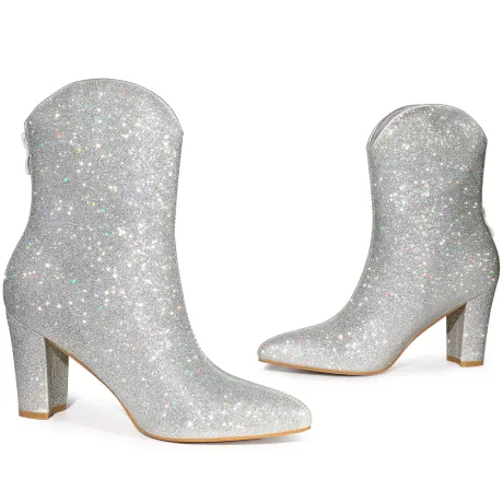 Allegra K - V Shape Pointed Toe Glitter Mid Calf Boots