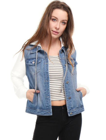 Allegra K- Drawstring Hood Denim Jean Jacket