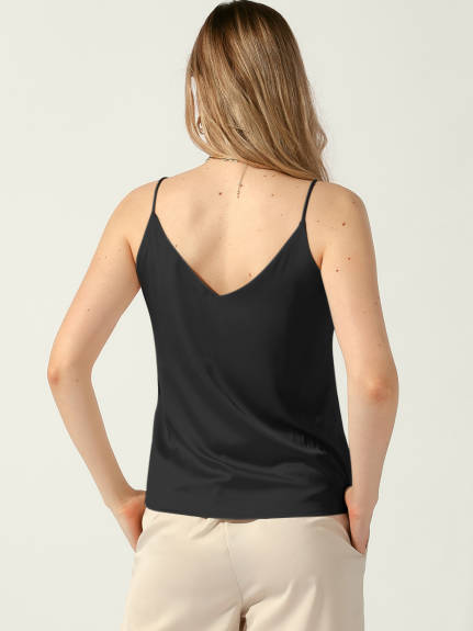 Allegra K - Satin V Neck Spaghetti Strap Tank Top