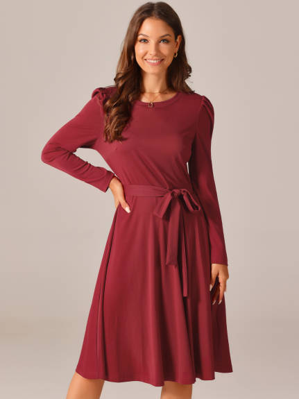 Allegra K - Puff Long Sleeve Tie Waist Casual Dress