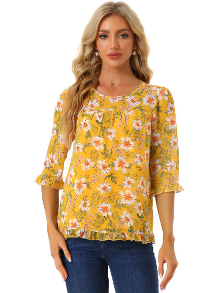 Allegra K- Floral Ruffled 3/4 Sleeve Chiffon Blouses