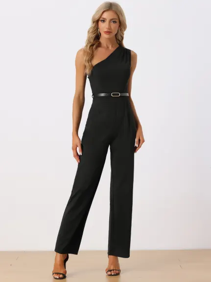 Allegra K - Elegant One-Shoulder Belted Jumpsuit