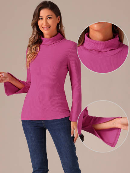 Allegra K - Turtleneck Split Long Sleeves Knit Top