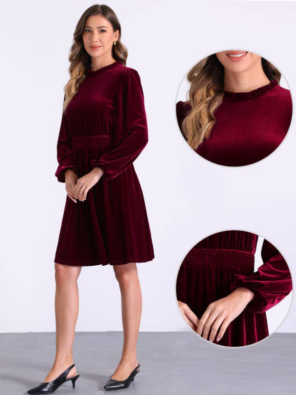 Allegra K - Velvet Smocked Waistline Long Sleeve Dress