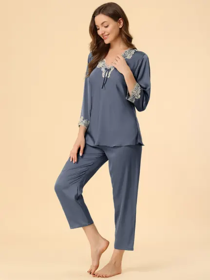 Allegra K - Lace Trim Solid Pajama Sets