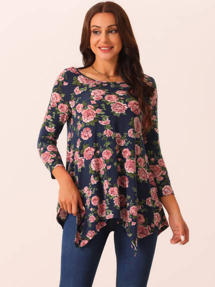 Allegra K - Floral 3/4 Sleeve Asymmetrical Tunic Top