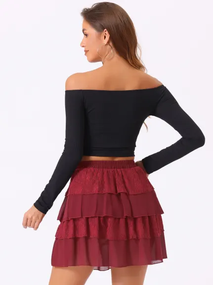 Allegra K- A-Line Lace Mini Tiered Skirt