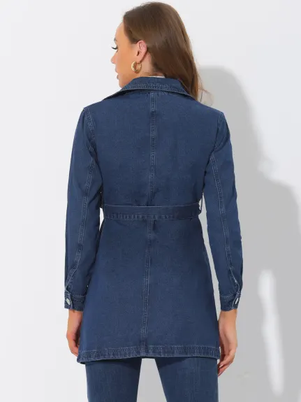 Allegra K- Notched Lapel Button Belted Long Denim Jacket