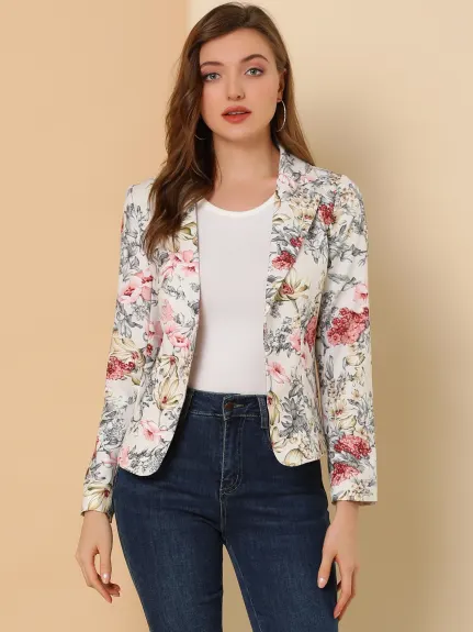 Allegra K- Open Front Notch Lapel Printed Blazer Jacket