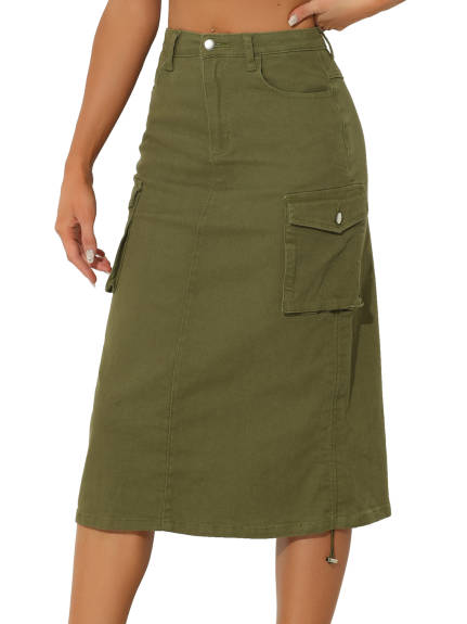 Allegra K- Flap Pocket Back Slit Drawstring Midi Cargo Skirt