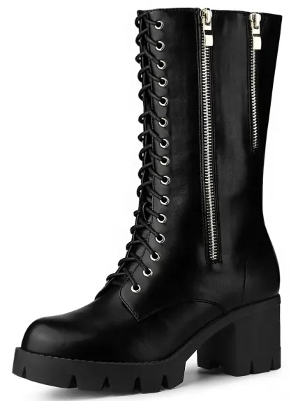 Allegra K - Lace Up Chunky Mid Calf Combat Boots