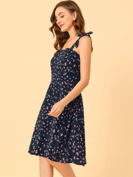 Allegra K- Smocked Back Adjustable Spaghetti Strap Floral Dress