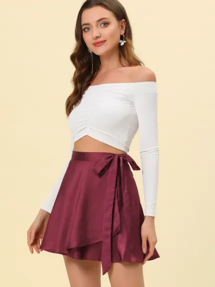 Allegra K- Satin Mini Wrap Skater Skirt