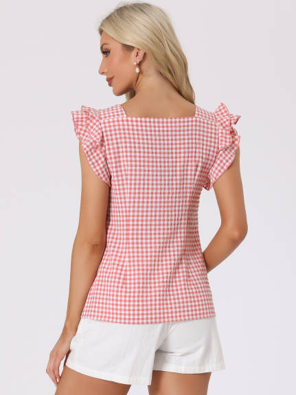 Allegra K - Summer Ruffle Sleeve Gingham Top