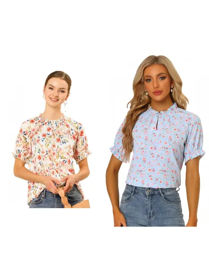 Allegra K- Floral Short Sleeve Ruffle Neck Blouse