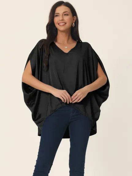 Allegra K- Satin V Neck Batwing Blouse Shirt