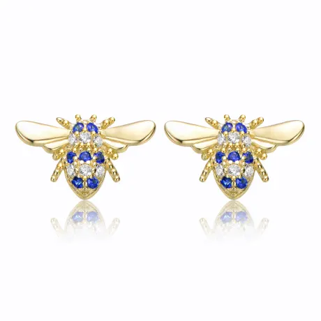 Genevive Sterling Silver 14k Yellow Gold Plated with Emerald or Yellow Cubic Zirconia Pave Wasp Stud Earrings