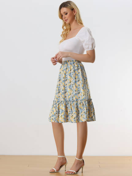 Allegra K- Ruffle Hem Tiered A-Line Floral Midi Skirt