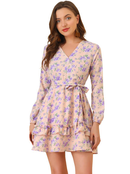 Allegra K- Tiered Ruffled Tie Waist Floral Dress