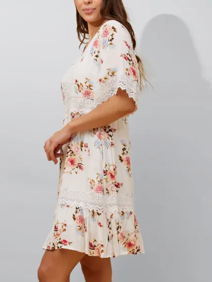 Sara Robe Courte Imprimé Floral Brodé Blanc