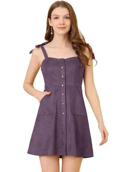 Allegra K- Faux Suede A Line Short Button up Overall Dress