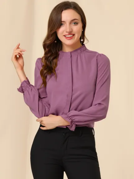 Allegra K- Ruffled Trim Stand Collar Long Sleeve Blouse