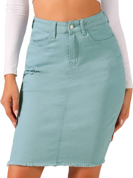 Allegra K- Ripped Hem Washed Midi Denim Skirt