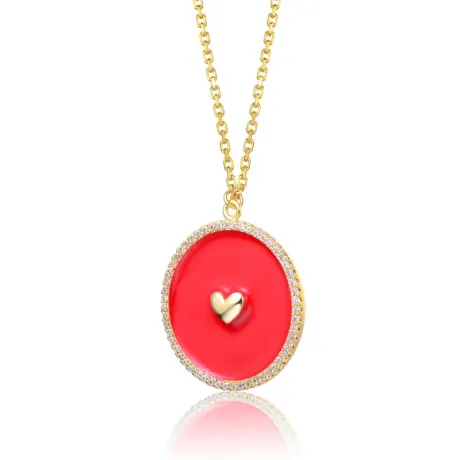 Plaqué or jaune 14 carats avec zircone cubique transparente et pendentif rond en émail coloré