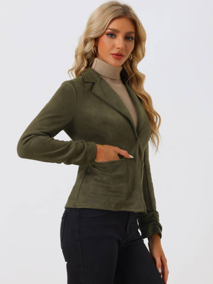 Allegra K- Long Sleeve Open Front Drawstring Faux Suede Blazer