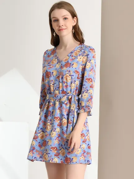 Allegra K- Floral Half Placket Belted 3/4 Sleeve Dress