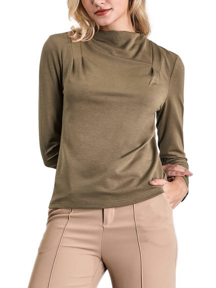 Hobemty - Long Sleeve Mock Neck Pleated Blouse