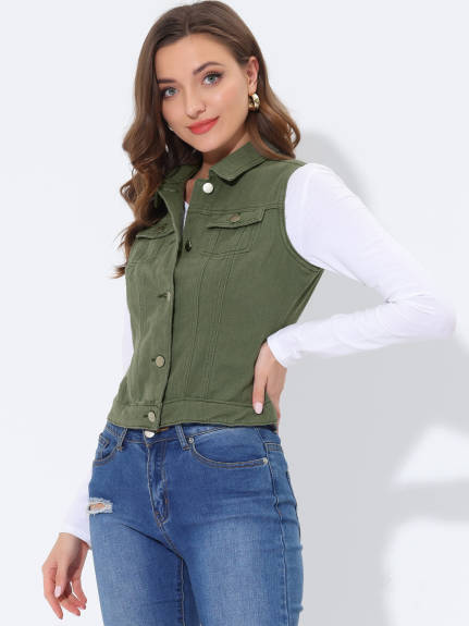 Allegra K- Washed Denim Buttoned Vest with Flap Pockets