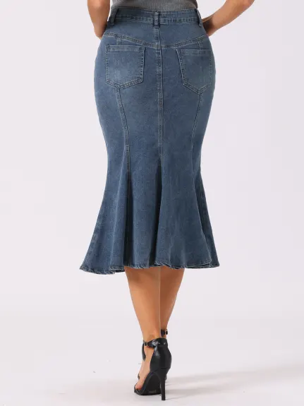 Allegra K- Washed Denim Fishtail Midi Bodycon Skirt