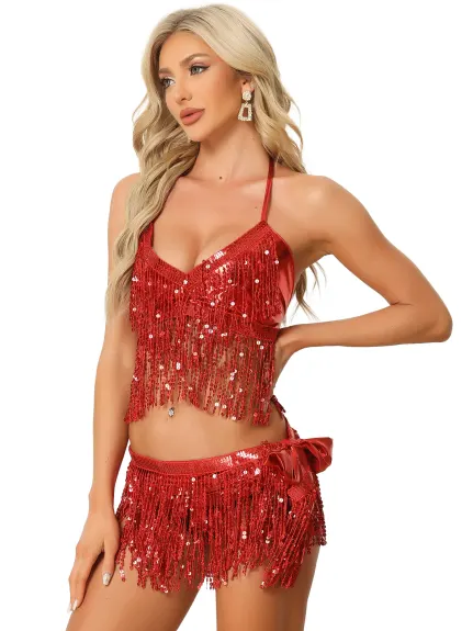 Allegra K - Tassel Crop Top Dance Mini Skirt Set