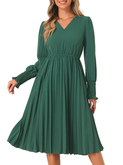 Allegra K - V-Neck Long Sleeve Pleated Midi Dress