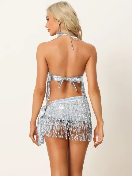 Allegra K - Tassel Crop Top Dance Mini Skirt Set