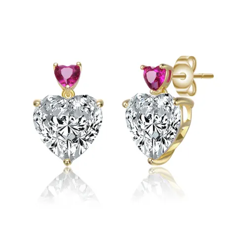 Genevive Sterling Silver 14k Gold Plated with Colored Cubic Zirconia Two-Stone Heart Dangle Earrings