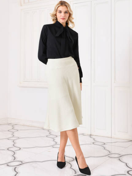 Hobemty - A-Line Office Midi Tweed Skirt