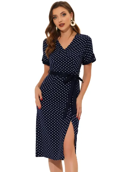 Allegra K- V Neck Polka Dots Button Decor Split Belted Dress